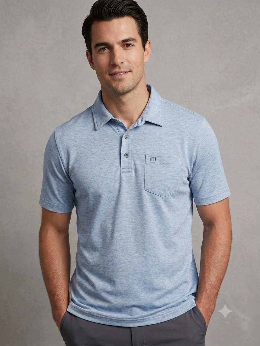 TravisMathew Men's Large Pocket Golf Polo Shirt Heather Blue Pima Cotton Blend